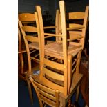 A SET OF FOUR BEECH RUSH SEATED DINING CHAIRS, (4)