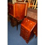 A NARROW REPRODUCTION CHERRYWOOD BUREAU, with four drawers, together with a swivel bookcase and a