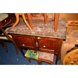 AN EDWARDIAN MAHOGANY AND INLAID MARBLE TOPPED WASHSTAND