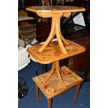 TWO SIMILAR BESPOKE OCCASIONAL TABLES, with parquetry multi specimen wood inlay top on four