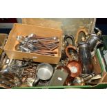 A BOX OF SILVER PLATE, COPPER AND PEWTER, including coffee pot, entree dish, trays, teawares, etc