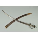 AN INDIAN/PERSIAN STYLE 'TALWAR' CURVED SWORD, complete with leather and wood scabbard, curved blade