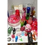 A PARCEL OF COLOURED GLASS ETC, to include Hyacinth vases, cranberry glass, ornamental pigs and
