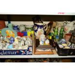 FOUR BOXES AND LOOSE CERAMICS ITEMS, to include crested ware, mainly marked for Blackpool, Poole