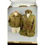 A WWII ERA/LATER OFFICERS DRESS UNIFORM JACKET WITH ROYAL FUSILIERS COLLAR DOGS, and leather Sam