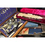 A BOX OF CUTLERY AND FLATWARE, mostly boxed and cased