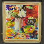 PETER GRAHAM R.O.I. (BRITISH 1959), DECORATIONS WITH FLOWERS, a still life study, signed bottom