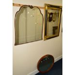 A MODERN GILT AND PAINTED FRAMED BEVELLED EDGE WALL MIRROR, 95cm x 69cm, together with an