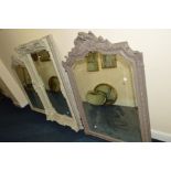 A LARGE FOLIATE PAINTED BEVELLED EDGE WALL MIRROR, 155cm x 93cm, together with two similar wall