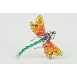 A DRAGONFLY PLIQUE-A-JOUR ENAMEL AND GEM BROOCH/PENDANT, designed with red, orange and yellow enamel