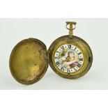 AN EARLY 19TH CENTURY BRASS PAIR CASED FRENCH POCKET WATCH, of circular outline, the hinged case