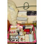 TWO BOXES AND LOOSE SUNDRY ITEMS, to include boxed hand creams, soaps, candle holders, 'Possil'
