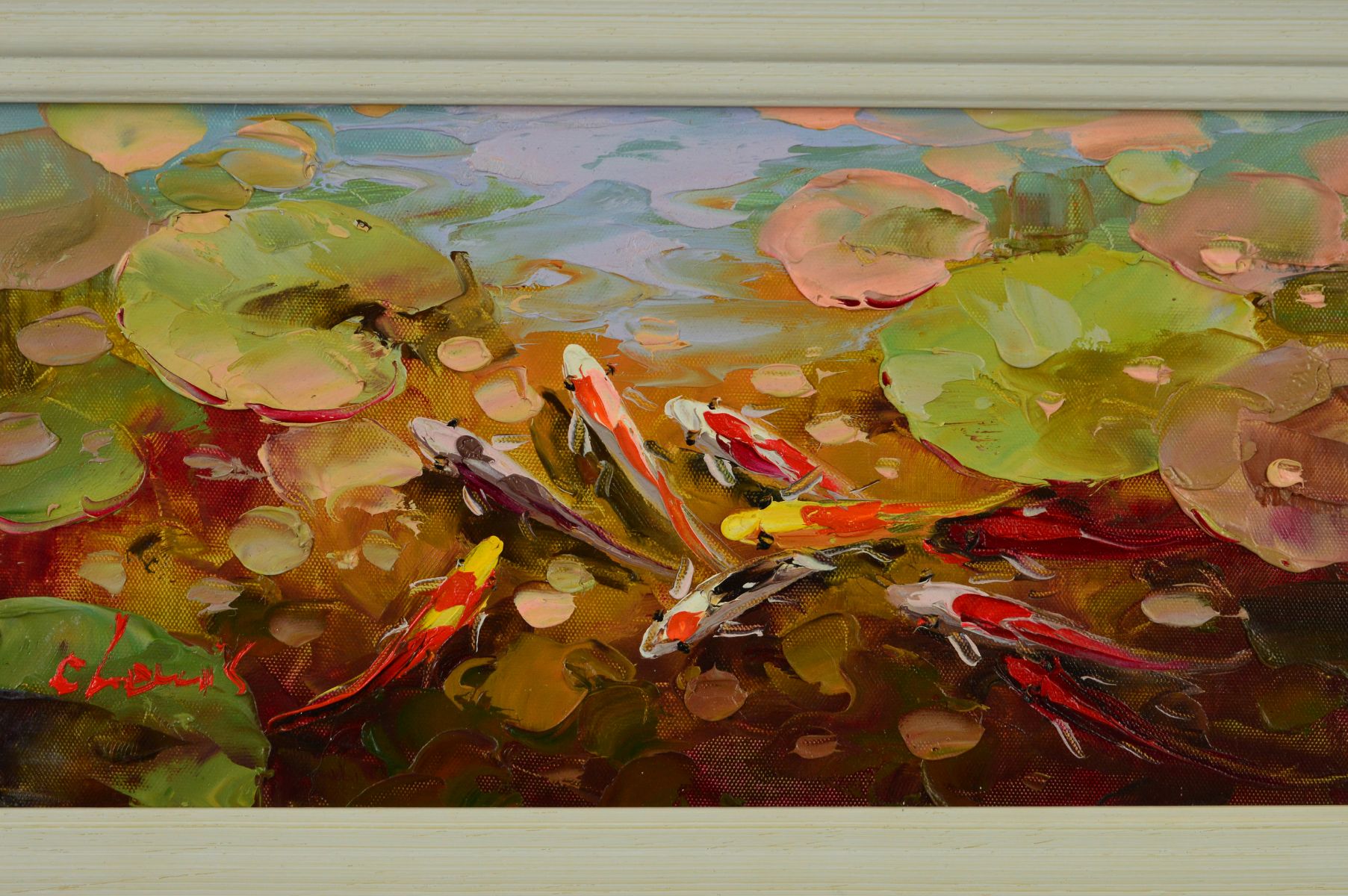 C.LEWIS (CONTEMPORARY) 'THRIVING WATERS VI', koi carp amongst lily pads, signed bottom left, acrylic - Image 2 of 3