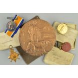 A 1914-15 STAR TRIO OF WWI MEDALS, together with Memorial Death plaque in card case as follows,