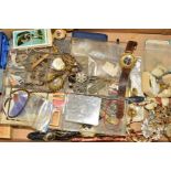 A BOX OF MISCELLANEOUS ITEMS, to include a pair of abalone shell cufflinks, a fleur-de-lys micro