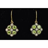 A PAIR OF PERIDOT AND DIAMOND DROP EARRINGS, each designed with four circular peridots interspaced