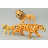 THREE BESWICK WILD ANIMALS, 'Leopard' No1082, 'Lion' (facing left) No2089 and 'Lion Cub' (facing