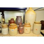 A GROUP OF SALT GLAZED STONEWARE STORAGE JARS AND FLAGONS ETC, to include an ICI General Chemicals