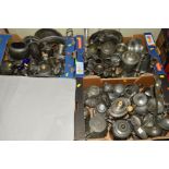 THREE BOXES OF VARIOUS PEWTER AND OTHER METALWARES, to include hollowares, candlesticks etc