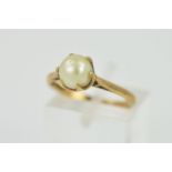 A 9CT GOLD CULTURED PEARL SINGLE STONE RING, cultured pearl measuring approximately 7.00mm in