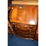 A REPRODUCTION MAHOGANY SERPENTINE FALL FRONT BUREAU, with a fitted interior and four drawers, width