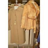 A LADIES CONEY FUR BELTED JACKET, together with a wool camel coat and a sheepskin coat (3)