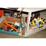 FOUR BOXES AND LOOSE SUNDRY ITEMS, to include Robotic and die cast Toys, baseball bat and glove,