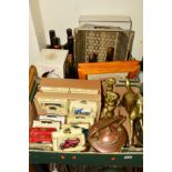 TWO BOXES AND LOOSE SUNDRY ITEMS, to include boxed die-cast vehicles, copper kettle, pictures, brass