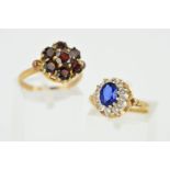 TWO RINGS, to include 9ct gold garnet round cluster ring, ring size N, hallmarked 9ct gold, a 9ct