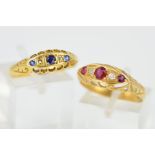 TWO EARLY 20TH CENTURY 18CT GOLD GEM SET RINGS, both with navette shape panels and engraved leaf