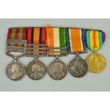 A GROUP OF FIVE VICTORIAN/WWI MEDALS, on a wearing bar named as follows, India medal bars, Tirah