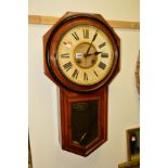 A VICTORIAN WALNUT OCTAGONAL DROP DIAL WALL CLOCK, marked Ansonia, 29cm dial diameter with Roman