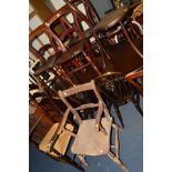 FOUR VICTORIAN OAK AND MAHOGANY DINING CHAIRS, a Bentwood chair, oak rush seated elbow chair and