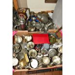 TWO BOXES OF PEWTER AND OTHER METALWARES, to include tankards, goblets, coffee pot, thimbles etc