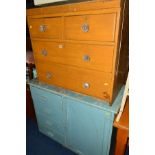 A BLUE PAINTED SINGLE DOOR CABINET, with four drawers and a brush painted chest of two short and
