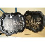 A PAIR OF VICTORIAN PAPIER MACHE TRAYS, inlaid with mother of pearl in a Chinese Pagoda design (af),