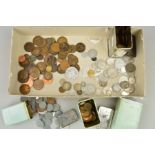 A BOX OF WORLD COINS, with early varieties and coins with silver content