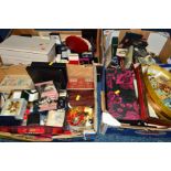 THREE BOXES OF MAINLY COSTUME JEWELLERY, to include brooches, necklaces, watches, compacts,