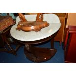 A VICTORIAN MAHOGANY DEMI LUNE MARBLE TOPPED WASHSTAND, with a raised back, width 91cm x depth 52cm