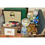 A BOX OF CERAMICS, COSTUME JEWELLERY, BOOKS ETC, to include Copeland Spode, Limoges, Wedgwood,