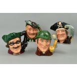 FOUR ROYAL DOULTON CHARACTER JUGS, 'The Sleuth' D6631 (seconds), 'Long John Silver' D6335, 'Robin