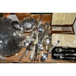 A BOX OF SILVER PLATE, including cased and loose cutlery, engraved salver, teapot, etc