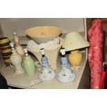 A SELECTION OF SIX LAMPS, a vase, shades and a roll of fabric, to include a pair of Nao ceramic