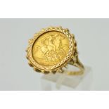 A HALF SOVEREIGN 9CT GOLD RING, the half sovereign within a diamond cut pattern mount to the claw