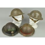 FOUR WWII ERA BRITISH ARP STYLE STEEL HELMETS, all with inners straps, etc, good condition