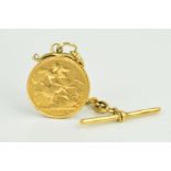 A FULL GOLD SOVEREIGN, 1892, mounted on a 9ct gold chain and T-bar, approximately 12.5 grams