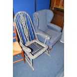 A MODERN BLUE UPHOLSTERED WING BACK ARMCHAIR, together with a painted rocking chair (2)