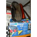 A QUANTITY OF GARDEN TOOLS, to include a Flymo garden vac, Bosch garden strimmer, Hozelock pond vac,