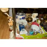 ONE BOX AND LOOSE SUNDRY ITEMS ETC, to include a brass kettle with spirit burner, Staffordshire