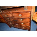 A GEORGIAN FLAME MAHOGANY CHEST OF TWO SHORT AND THREE LONG DRAWERS, on bracket feet, width 106cm